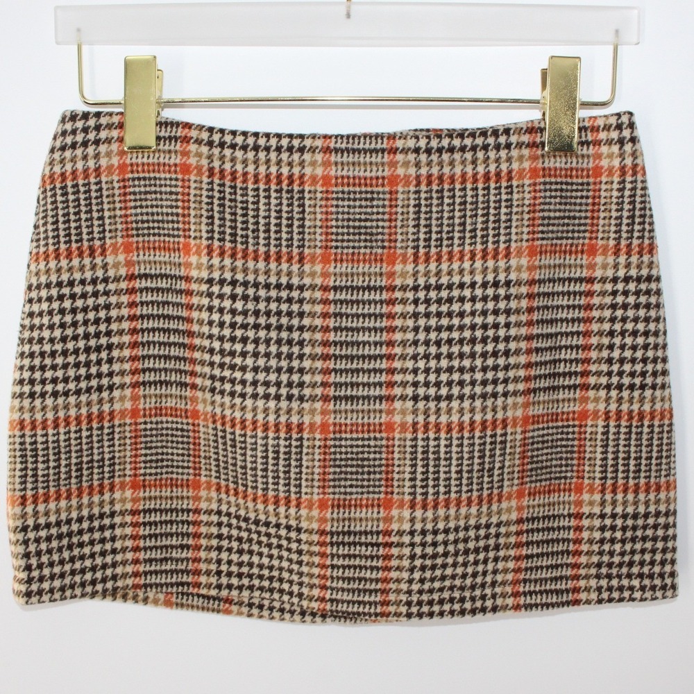 Brandy Melville Mini Skirt Houndstooth Checkered Size L Brown Orange